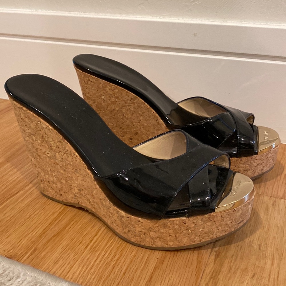 Jimmy Choo Black Patent Leather Perfume Cork Wedge Sandals